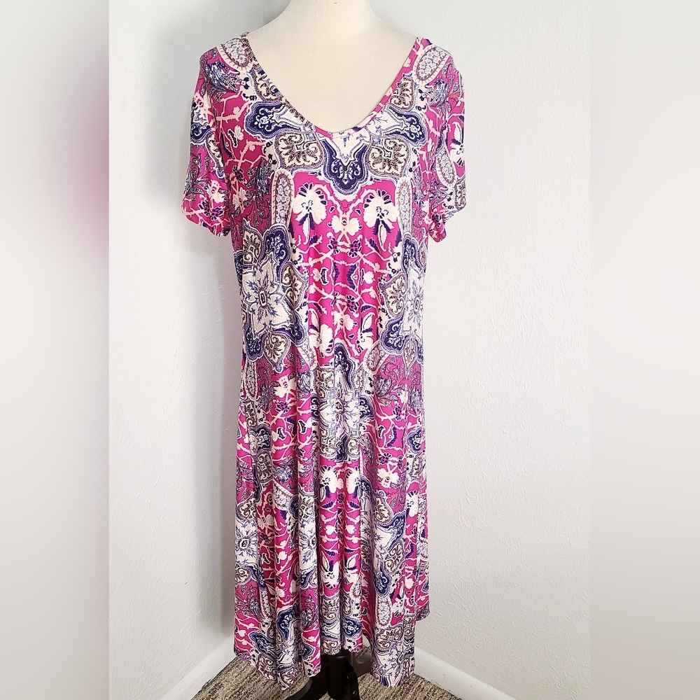New Directions Pink & Navy Blue Paisley Midi-Dress, Cut-out in Back, Size 1X